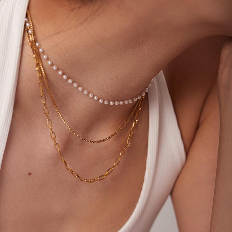 Women's Small pearl chain three-tier necklace - Greatonushoes