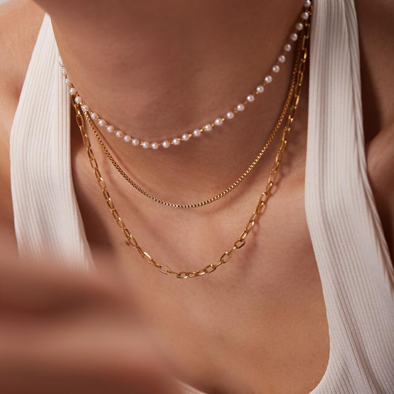 Women's Small pearl chain three-tier necklace - Greatonushoes