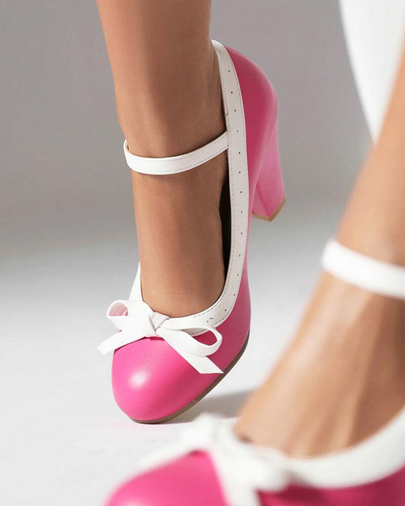 Women's Sweet Round Toe Bow Chunk Heels - Greatonushoes
