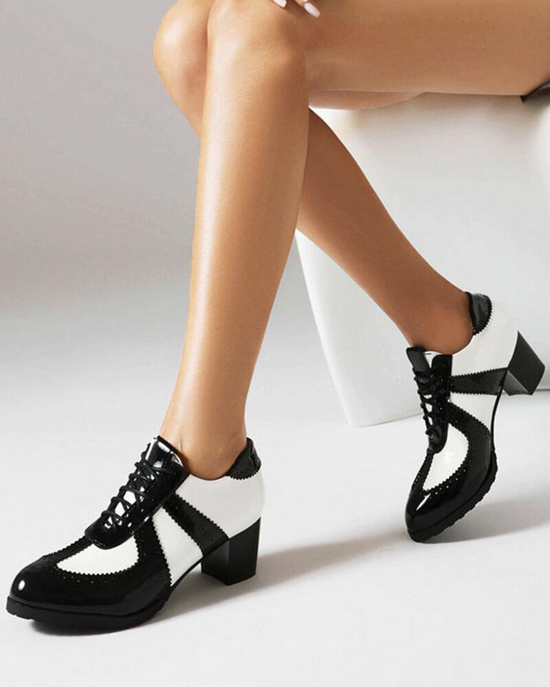 Women's Brogue Style Lace-up Color Block Block Heels - Greatonushoes
