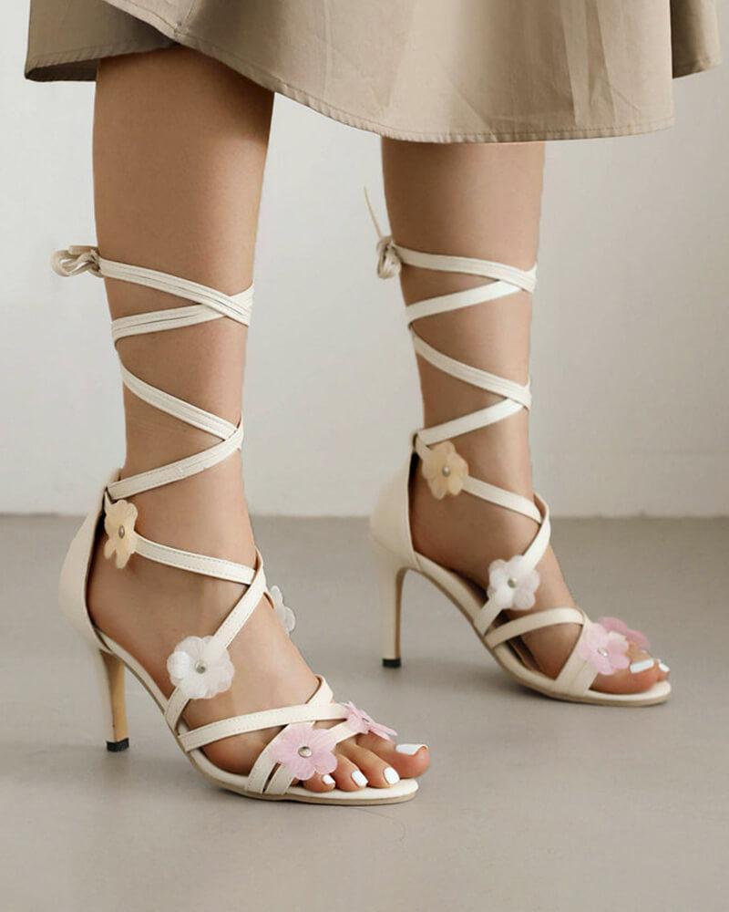 Women's Elegant Flower Lace-up Heels - Greatonushoes