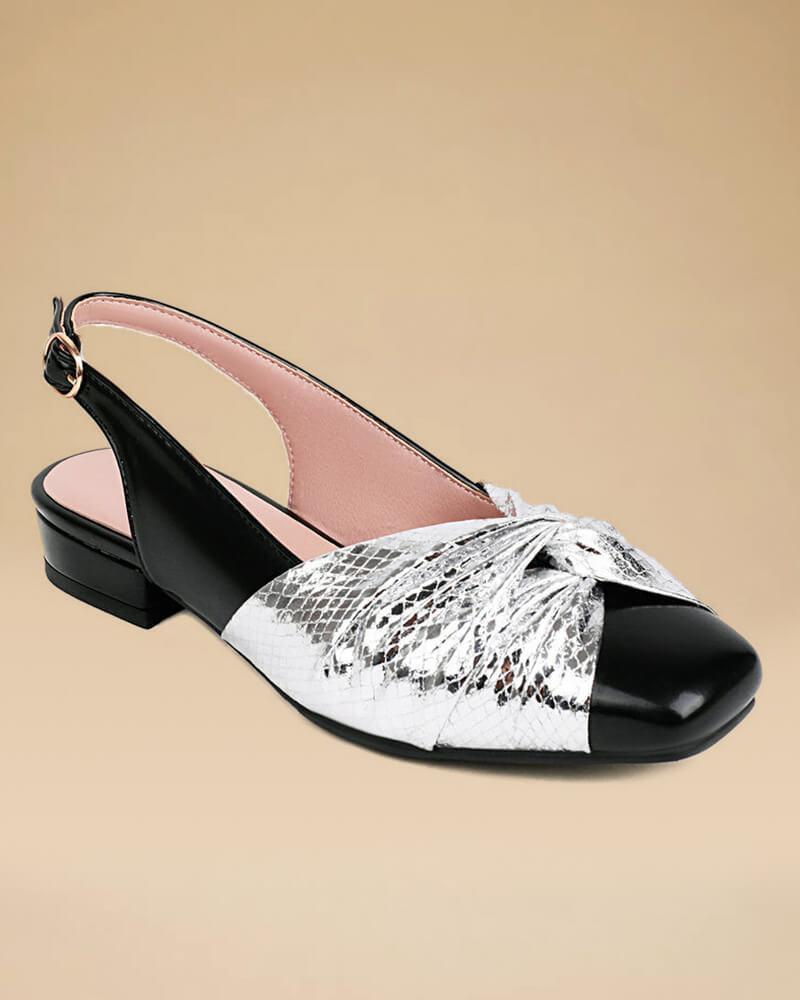 Women's Patent Leather Square Toe Bow Back Block Heel Flats - Greatonushoes