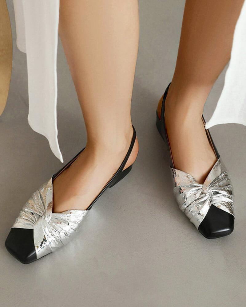Women's Patent Leather Square Toe Bow Back Block Heel Flats - Greatonushoes