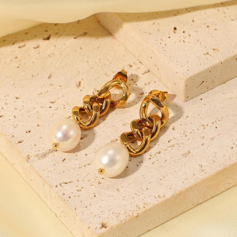 Women's Cuban Chain Freshwater Pearl Earrings - Greatonushoes
