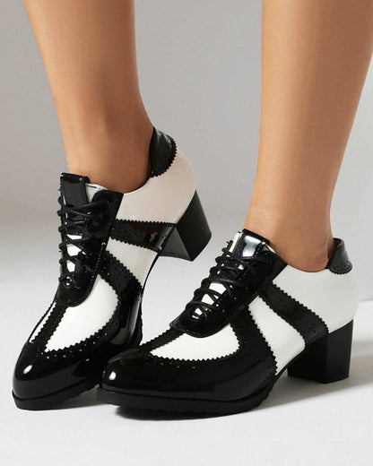 Women's Brogue Style Lace-up Color Block Block Heels - Greatonushoes