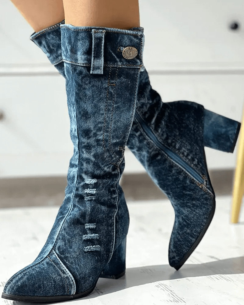 Women's Elegant Pointed Toe Denim Zipper Boots - Greatonushoes