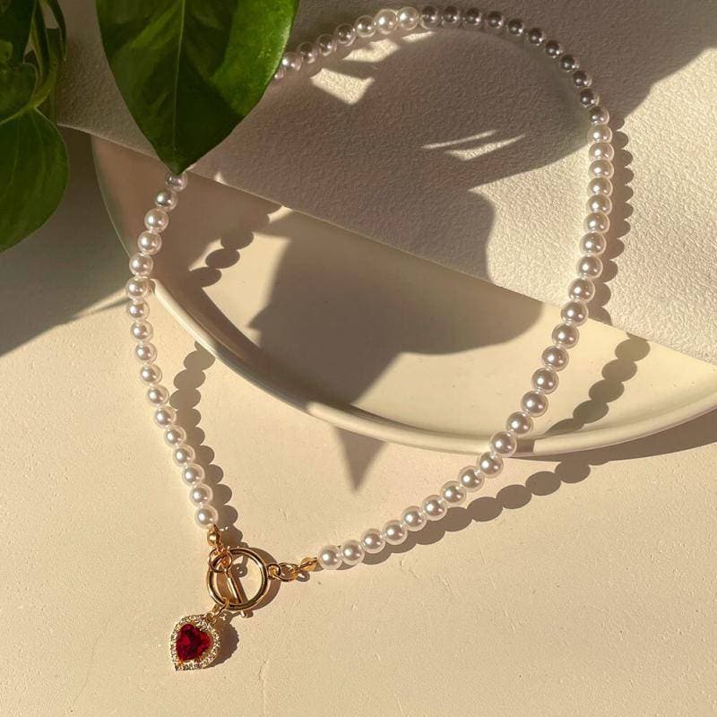 Women's Faux Pearl Chain Rhinestone Heart Pendant Necklaces - Greatonushoes