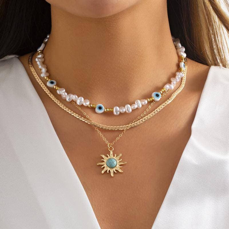 Women's Vintage Faux Pearl Sun Pendant Necklaces - Greatonushoes