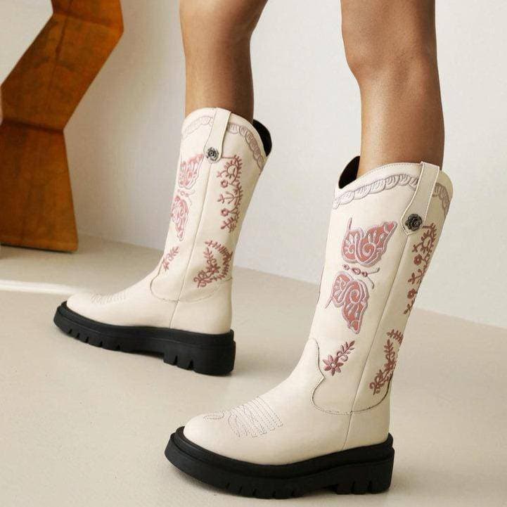 Women's Embroidery Wedge Platform Western Cowboy Boots - Greatonushoes