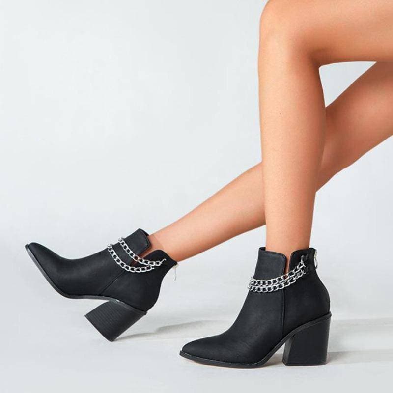 Women's Chain Zipper Back Chunky Heel Boots - Greatonushoes