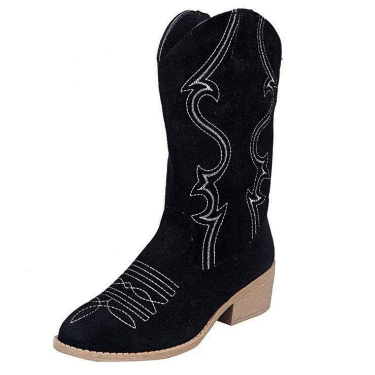 Women's Embroidery Mid Calf Chunky Heel Western Cowboy Boots - Greatonushoes
