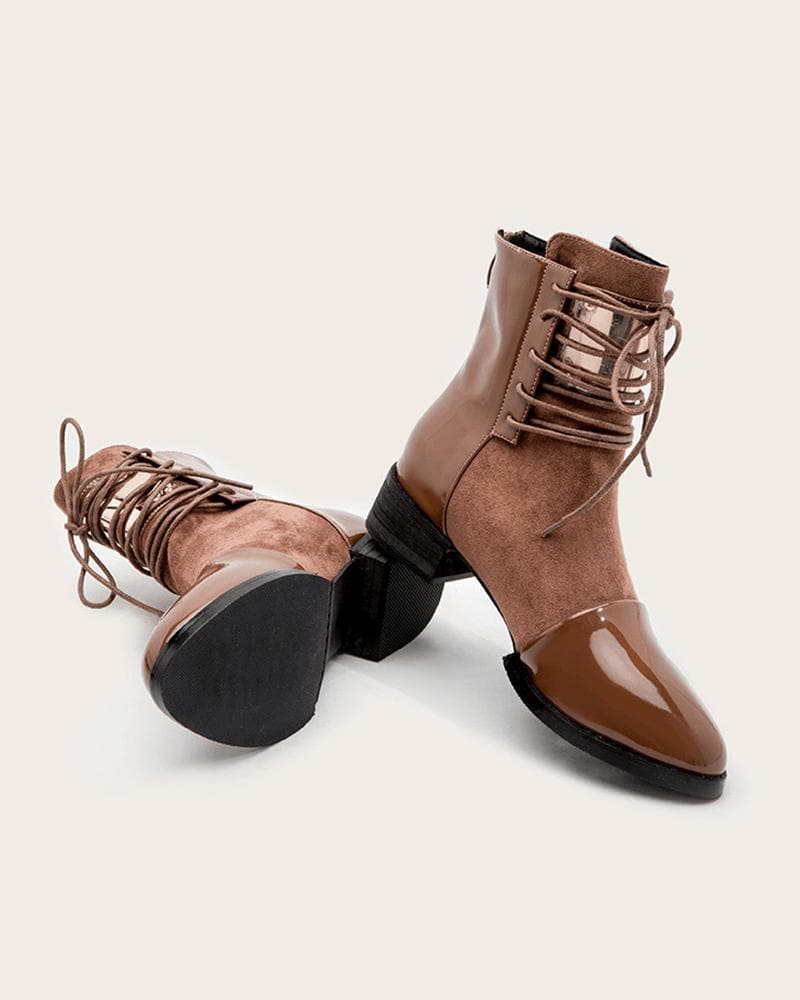 Women's Fashion Outdoor Color-Blocking  Lace-up Chunky Heel Ankle Boots - Greatonushoes