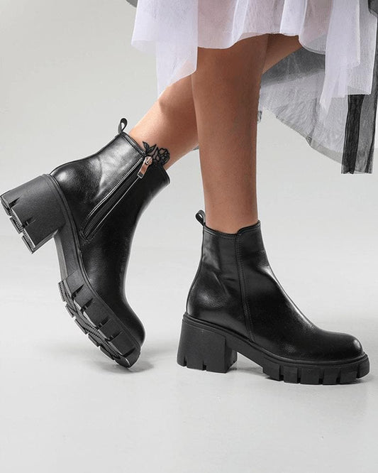 Women's Fashion Daily Solid Color Round Toe Chunky Heel Ankle Boots - Greatonushoes