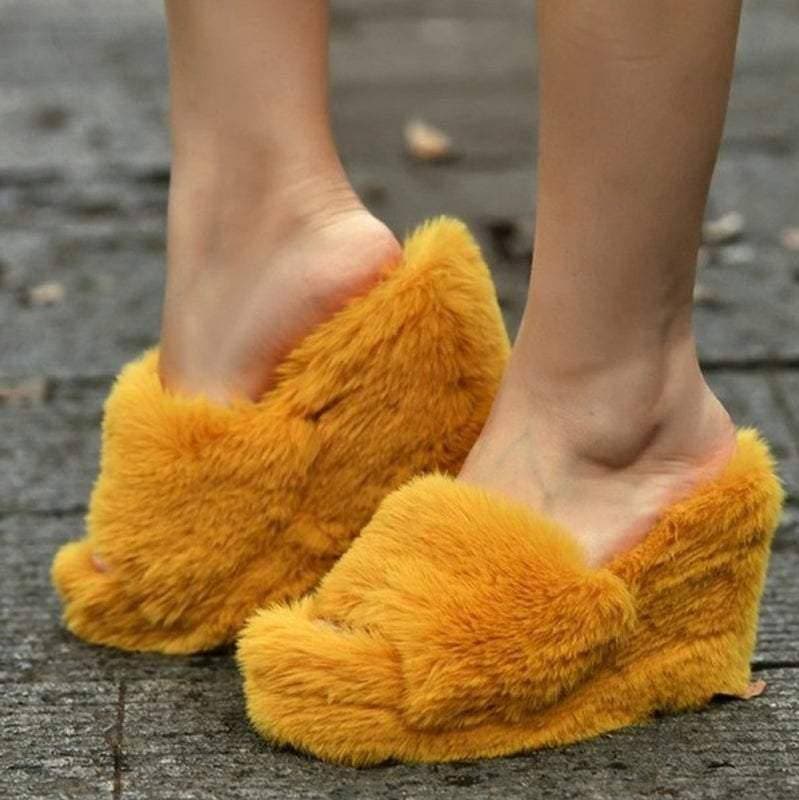 Women's Fashion Fluffy fur Wedge Heel Slippers - Greatonushoes