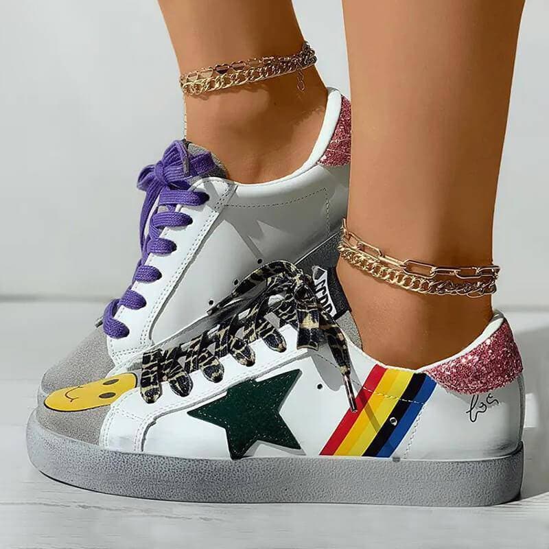 Women's Fashion Daily Graphic Star Striped Print Lace-up Sneakers - Greatonushoes