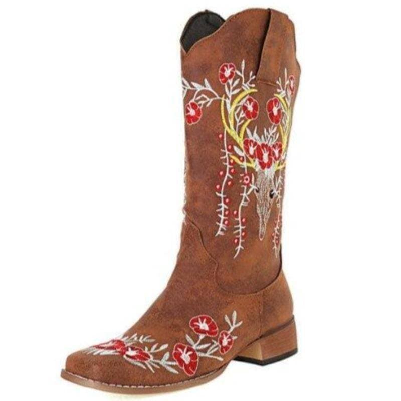 Women's Square Toe Mid Calf Western Cowboy Boots - Greatonushoes