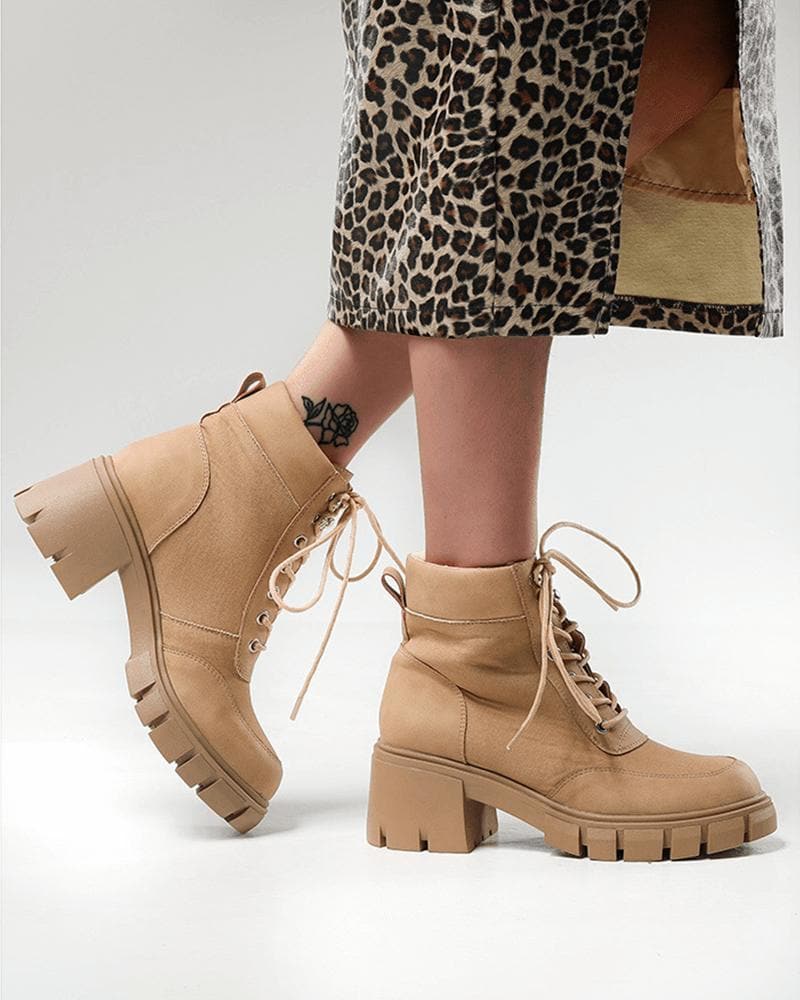Women's Fashion Outdoor Solid Color Lace-up Chunky Heel Ankle Boots - Greatonushoes