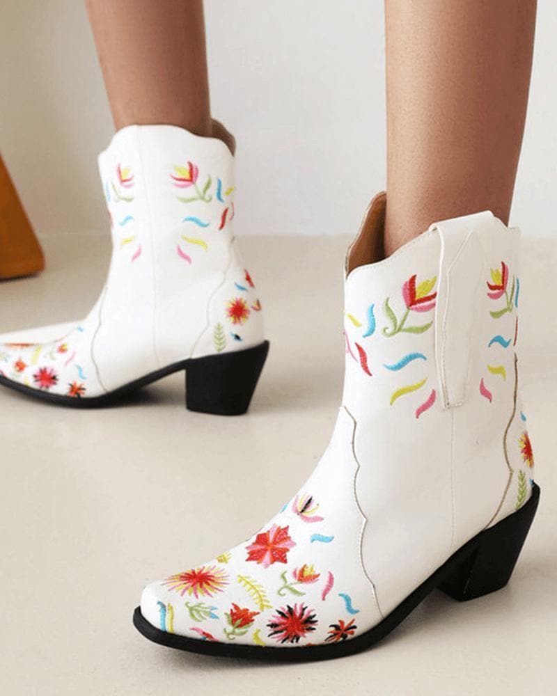 Women's Fashion Floral Embroidery Chunky Heel Cowboy Boots - Greatonushoes