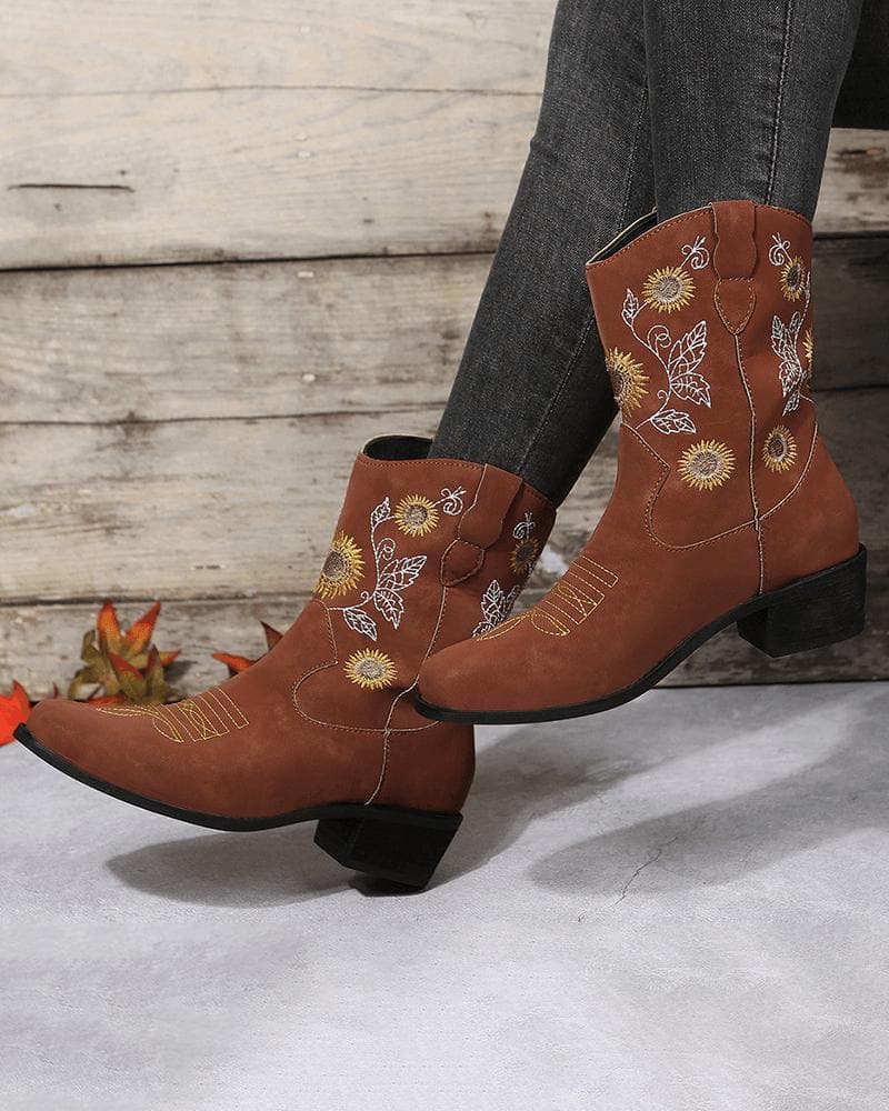Women's Casual Daily Floral Embroidery Slip On Boots - Greatonushoes