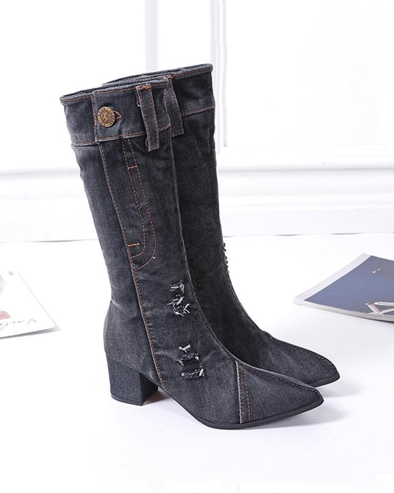 Women's Elegant Pointed Toe Denim Zipper Boots - Greatonushoes
