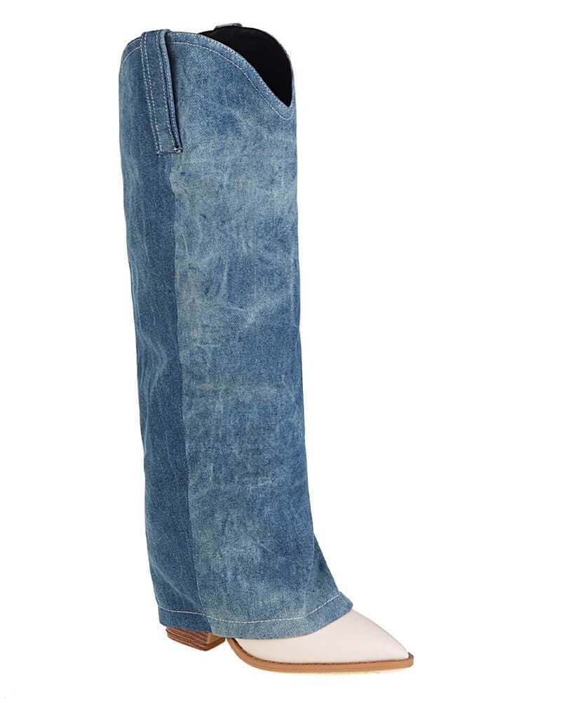 Women's Fashion Split Joint Denim Cowboy Boots - Greatonushoes