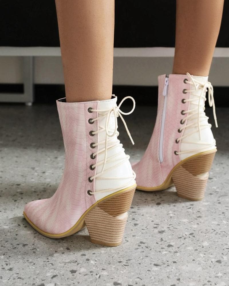 Women's Fashion Color-Blocking Zipper Chunky Heel Boots - Greatonushoes