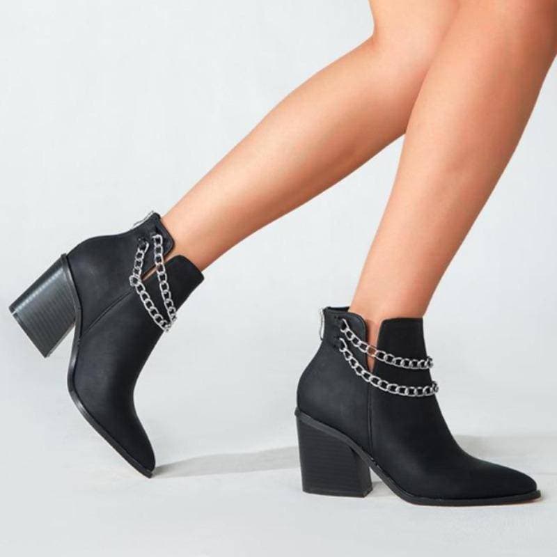 Women's Chain Zipper Back Chunky Heel Boots - Greatonushoes