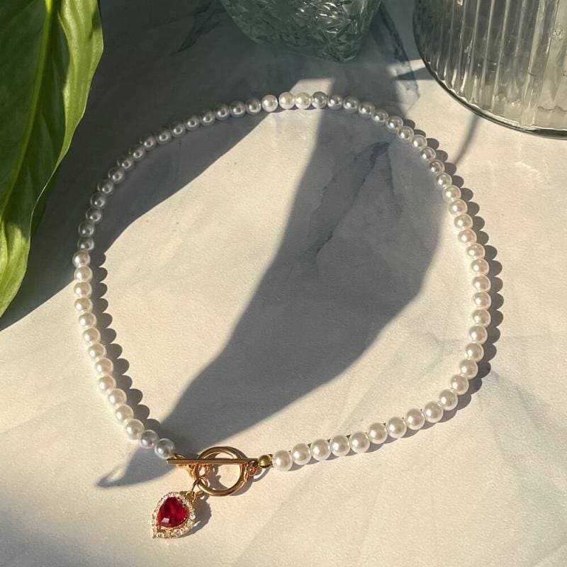 Women's Faux Pearl Chain Rhinestone Heart Pendant Necklaces - Greatonushoes