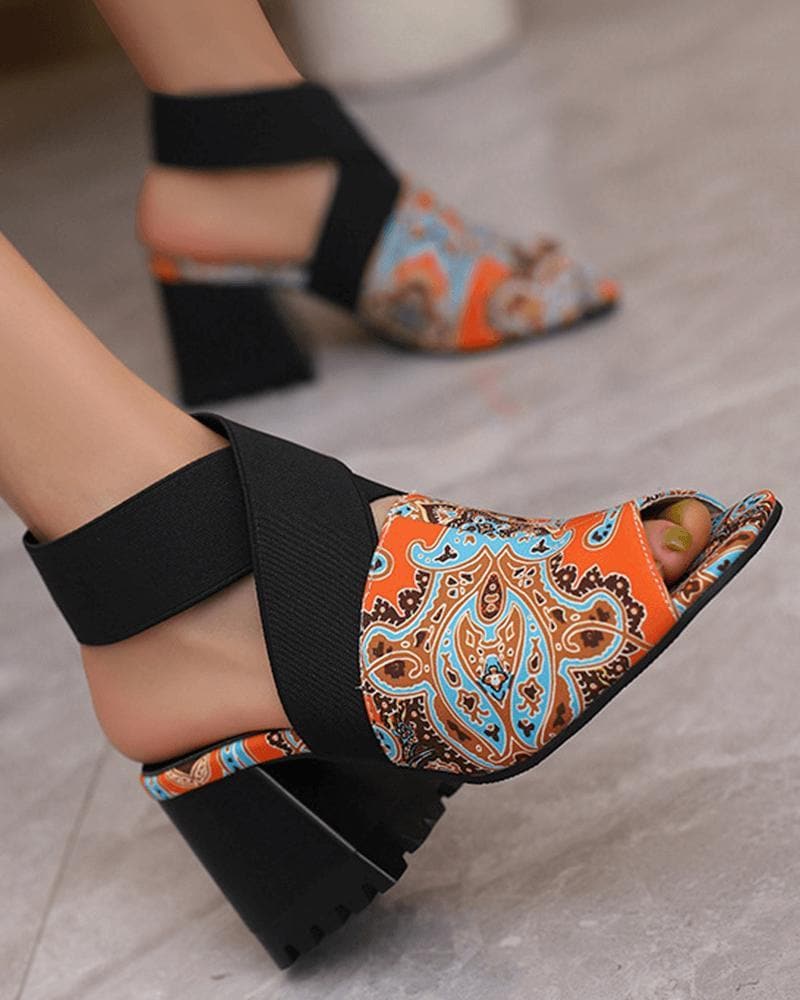 Women's Fashion Peep Toe Elastic Band Chunky Heel Sandals - Greatonushoes