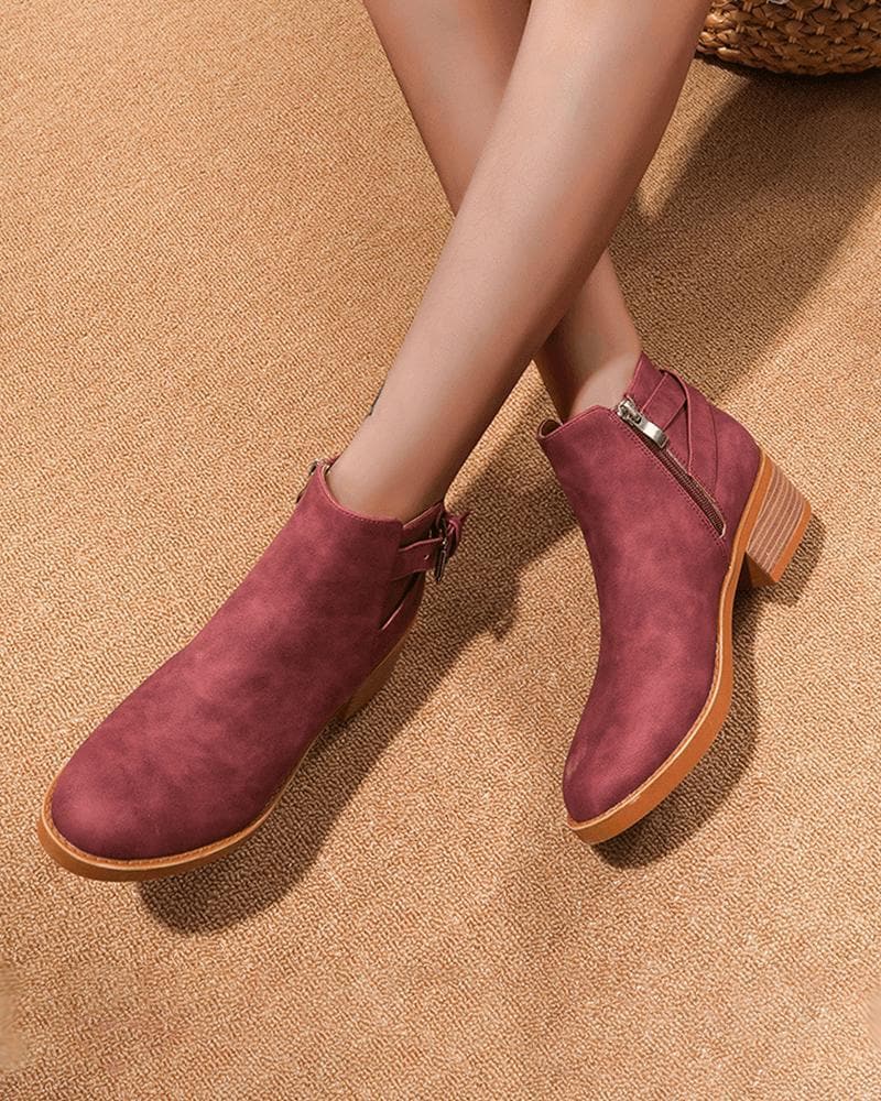 Women's Fashion Outdoor Solid Color Round Toe Chunky Heel Ankle Boots - Greatonushoes