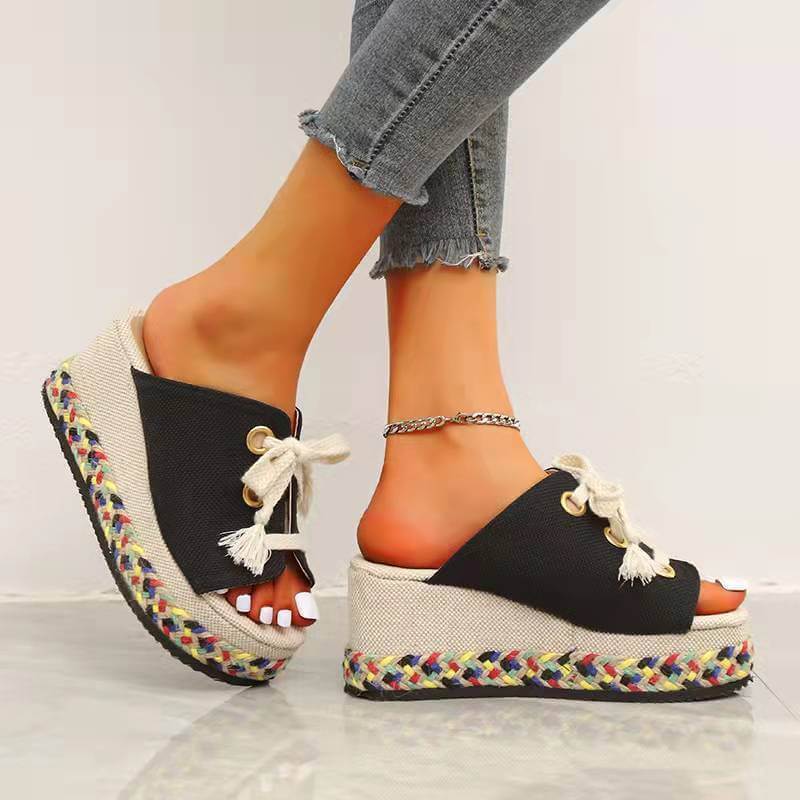 Women's Casual Daily Braided Strap Lace-up Wedge Heel Sandals - Greatonushoes
