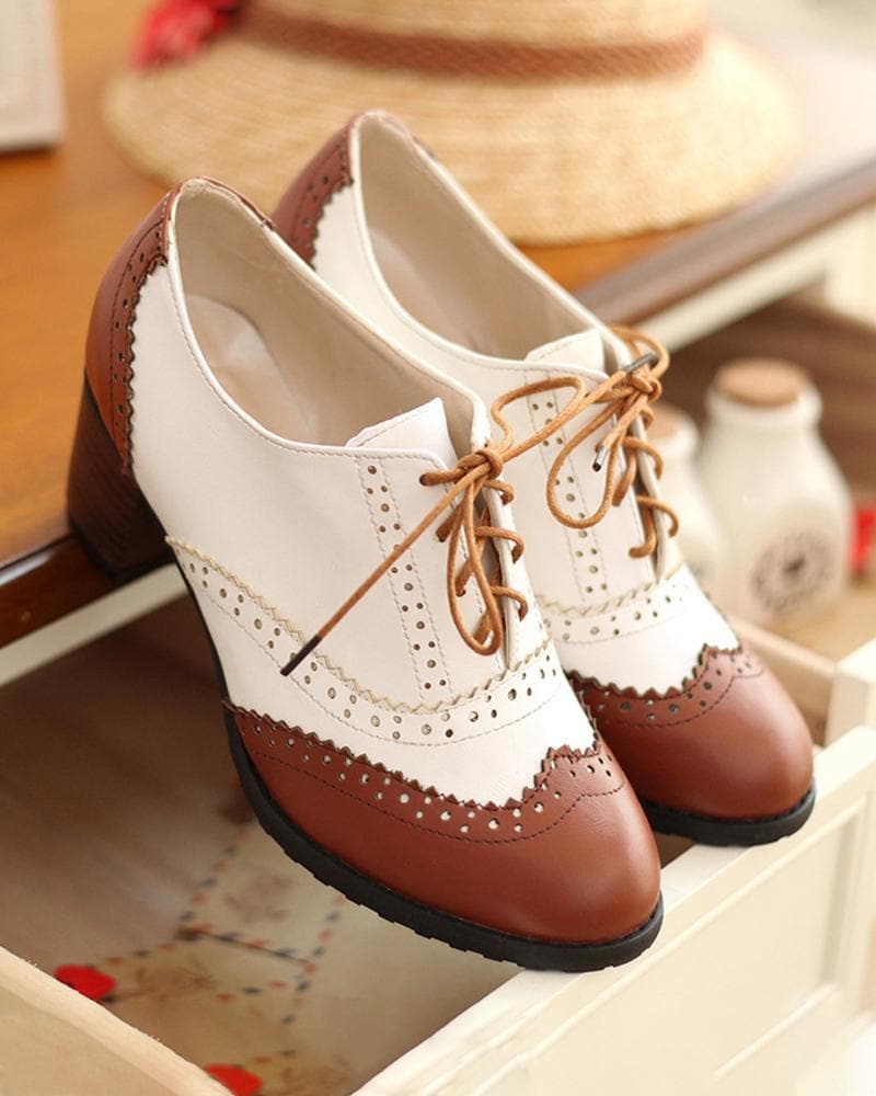 Women's Elegant Casual Color-Blocking Lace-up Low Heel Shoes - Greatonushoes