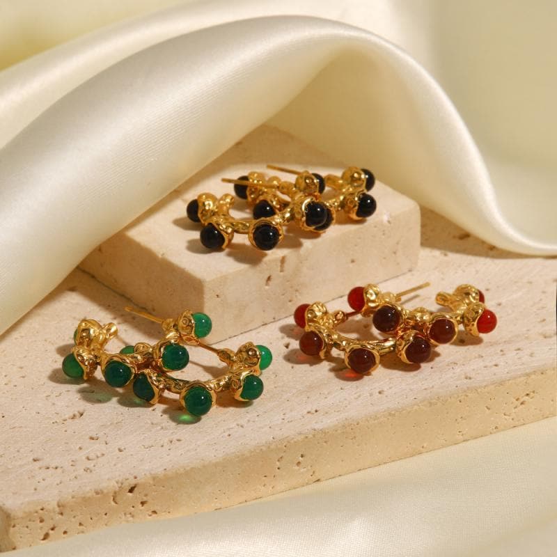 Wolmen's Vintage Red/Green/Black Natural Stone Earrings - Greatonushoes