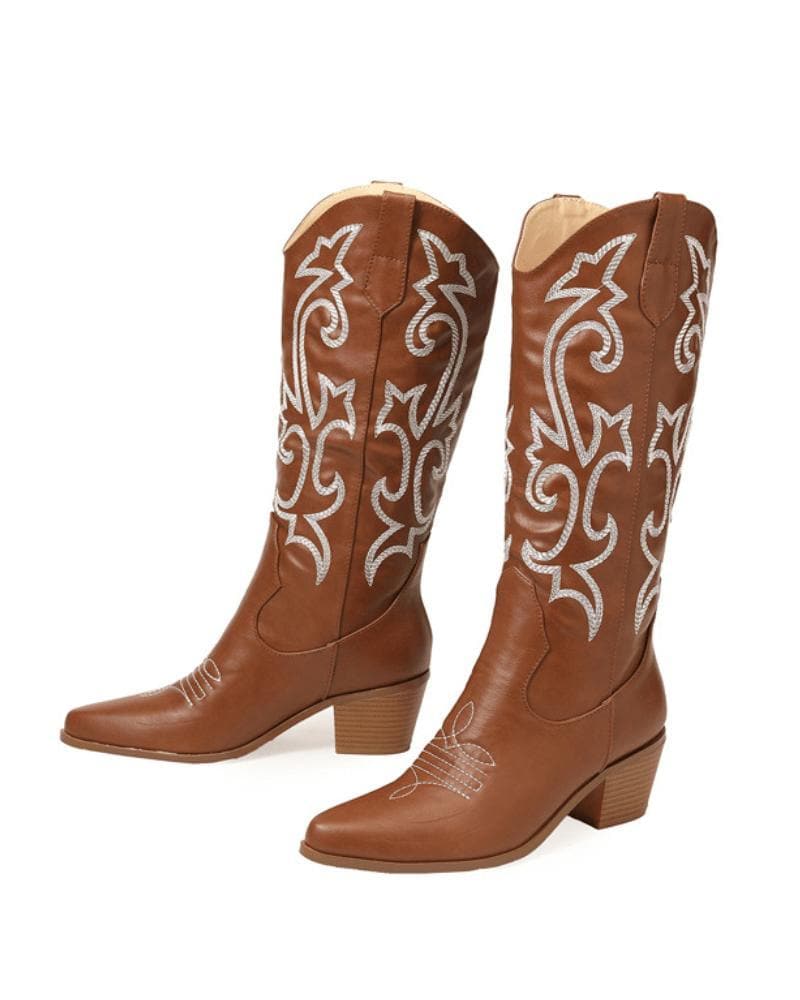 Women's Embroidery Chunky Cowboy Boots - Greatonushoes