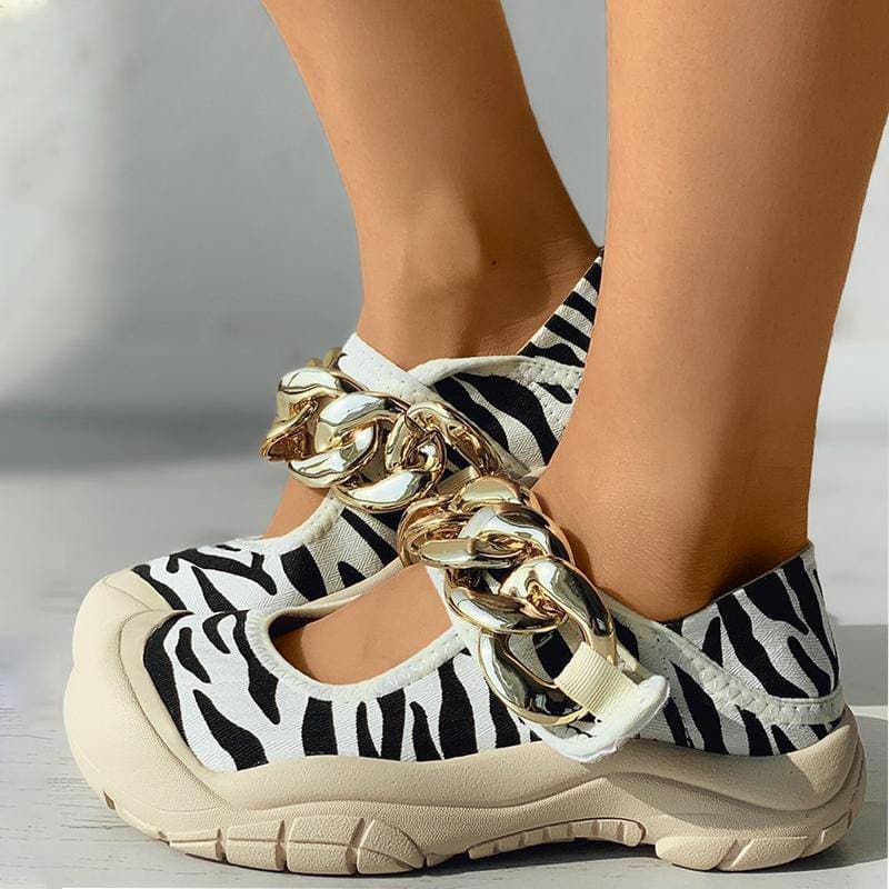 Women's Fashion Casual Canvas Animal Print Chain Magic Tape Flat Shoes - Greatonushoes