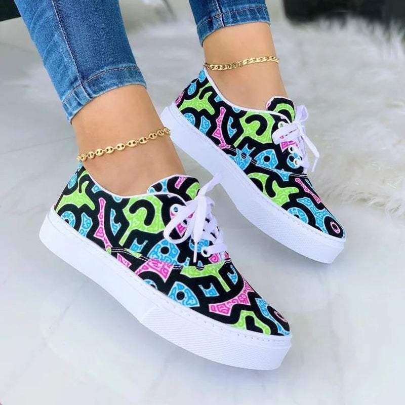 Women's Fashion Casual Color-Blocking Lace-up Flat Sneakers - Greatonushoes