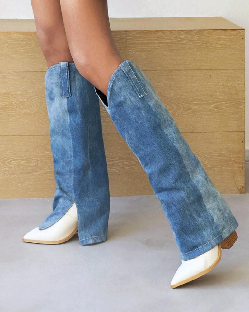 Women's Fashion Split Joint Denim Cowboy Boots - Greatonushoes
