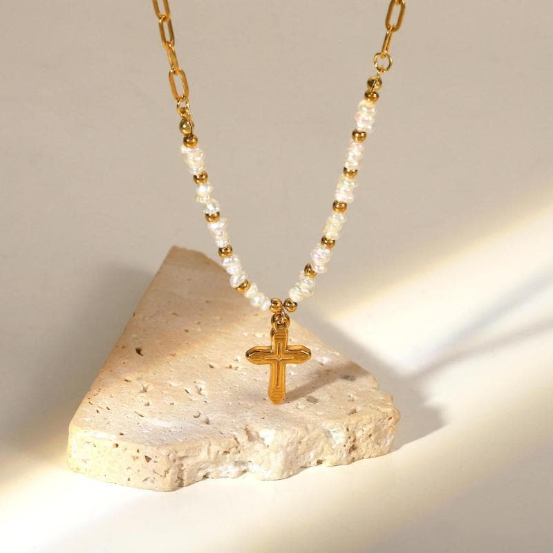 Women's Pearl Cross Pendant Necklace - Greatonushoes