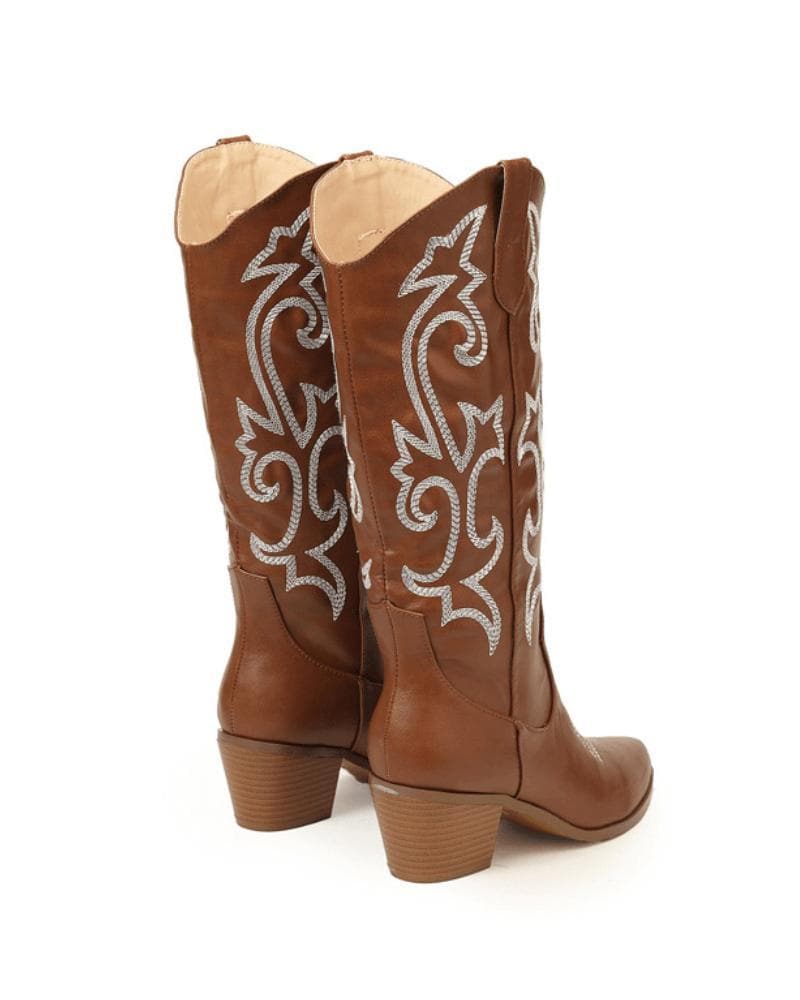 Women's Embroidery Chunky Cowboy Boots - Greatonushoes
