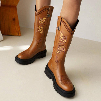 Women's Embroidery Wedge Platform Western Cowboy Boots - Greatonushoes