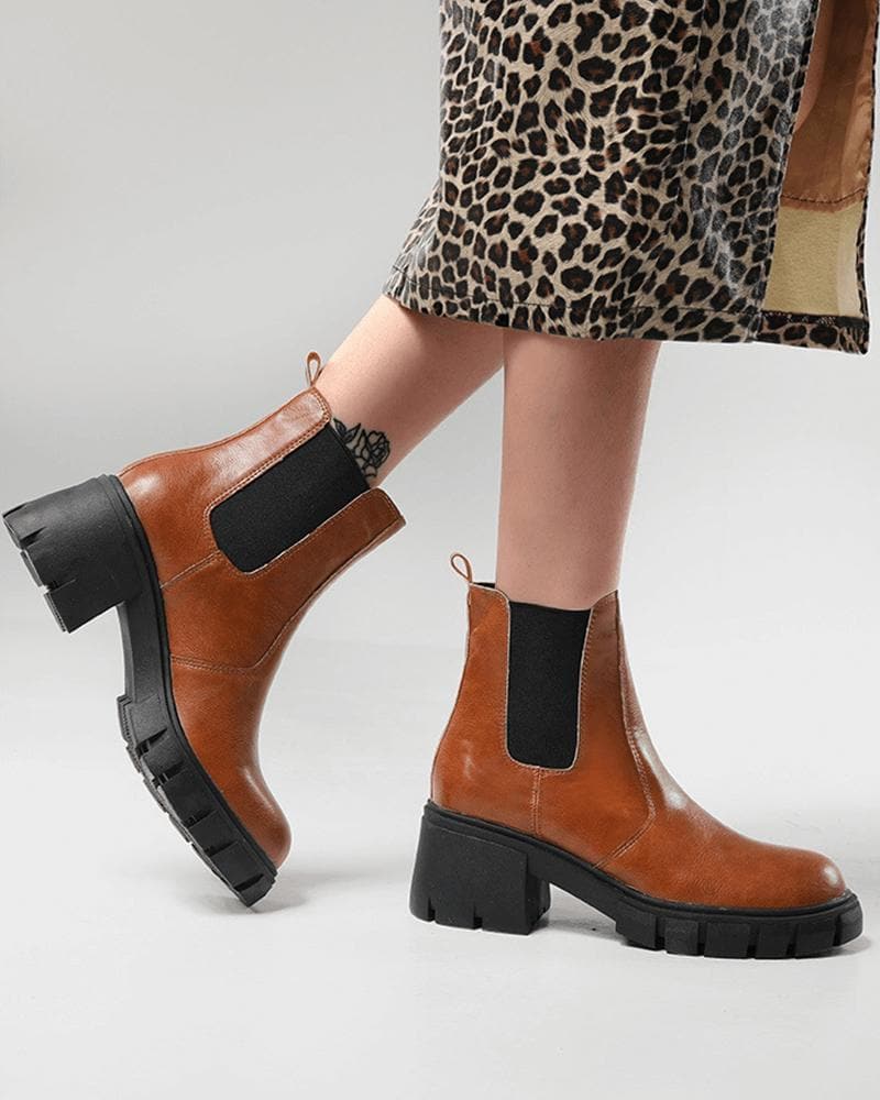 Women's Fashion Outdoor Color-Blocking Round Toe Chunky Heel Ankle Boots - Greatonushoes
