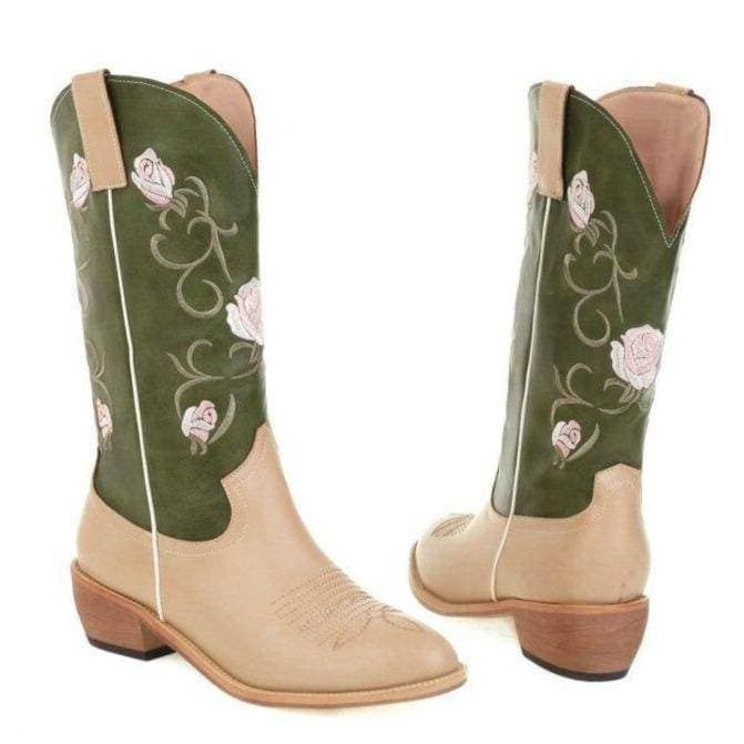 Women's Embroidery Mid-calf Riding Western Cowboy Boots - Greatonushoes