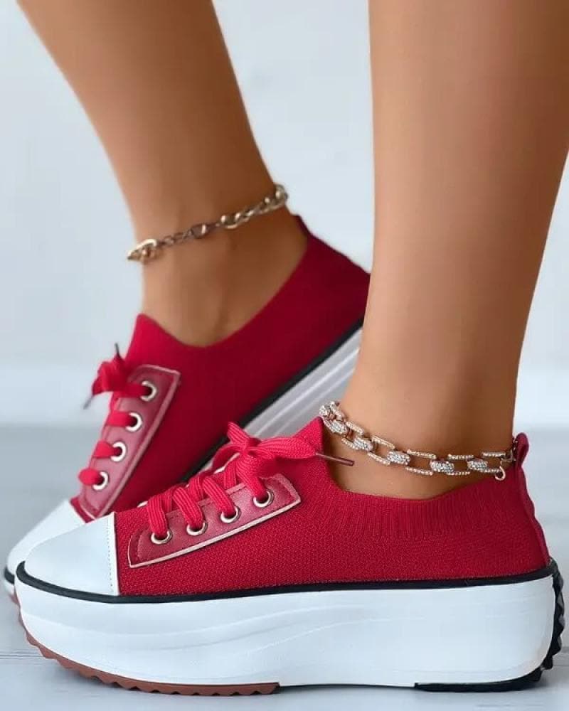 Women's Fashion Outdoor Solid Color Round Toe Platform Lace-up  Sneakers - Greatonushoes