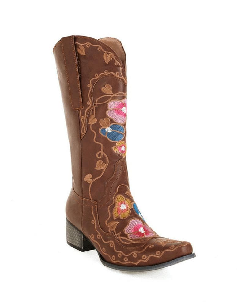 Women's Fashion Embroidery Chunky Heel Cowboy Boots - Greatonushoes