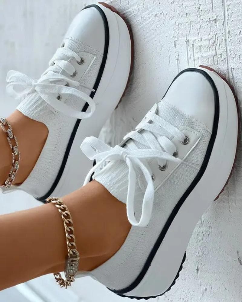 Women's Fashion Outdoor Solid Color Round Toe Platform Lace-up  Sneakers - Greatonushoes